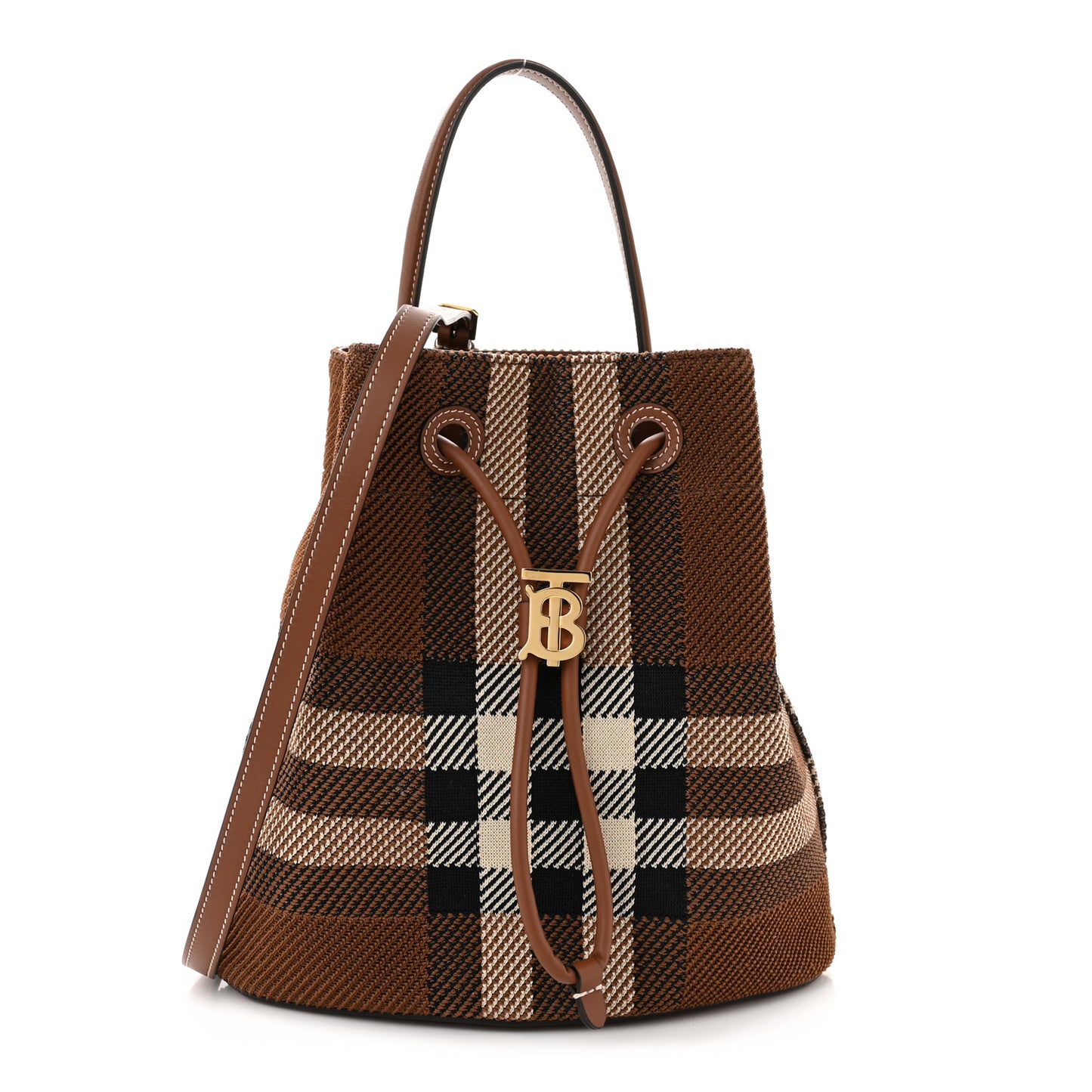 Knitted Check Calfskin TB Small Drawstring Bucket Bag Dark Birch Brown
