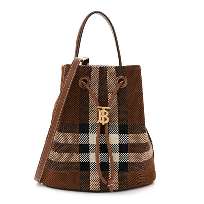 Burberry Knitted Check Calfskin TB Small Drawstring Bucket Bag Dark Birch Brown 1 of 8