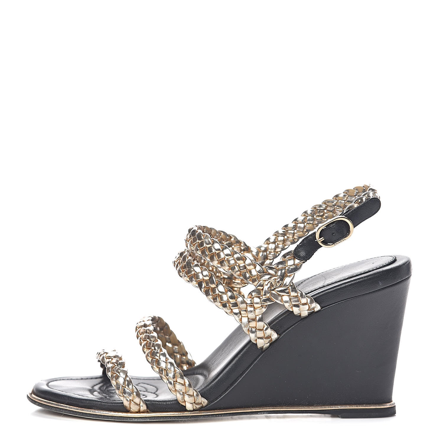 Chanel Metallic Calfskin Braided Wedge Sandals 36.5 Gold 1 of 15