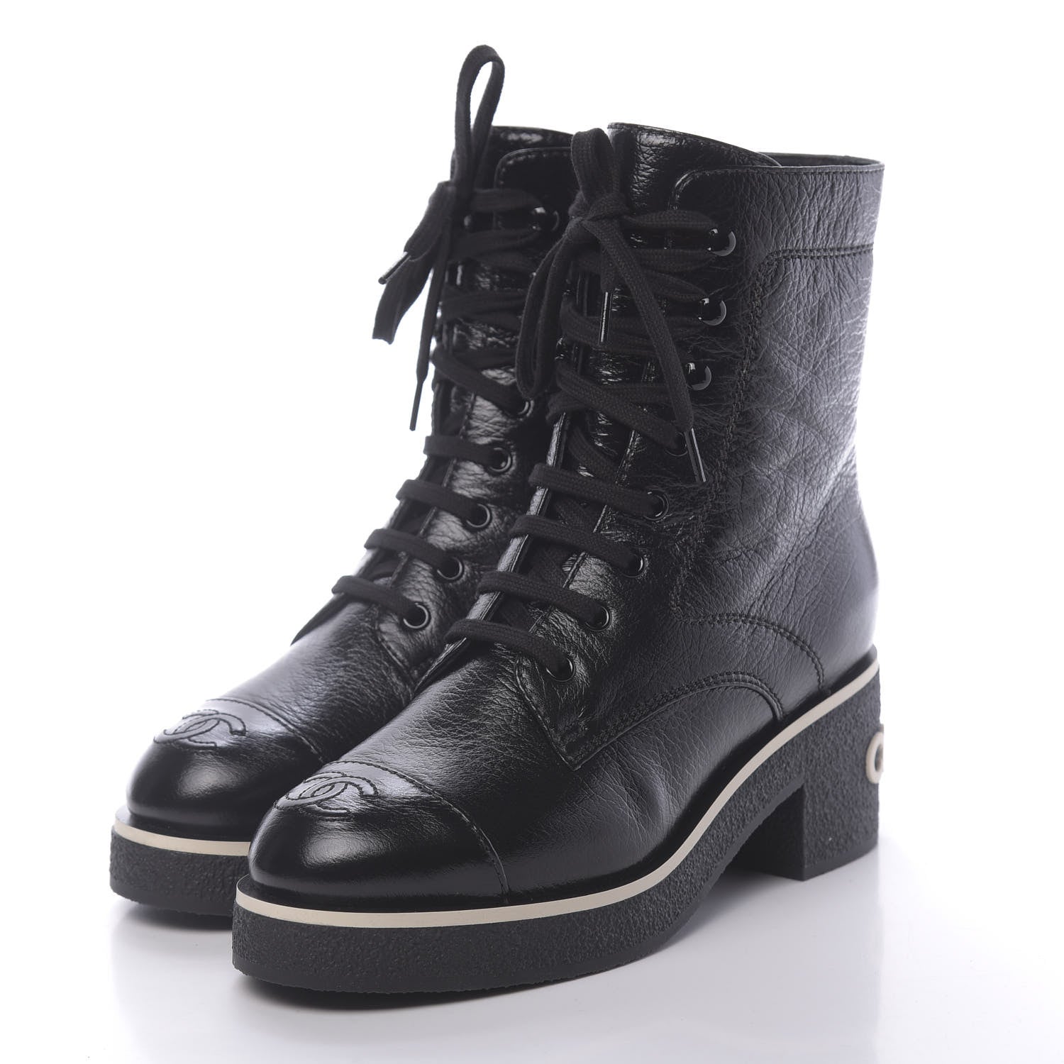 Chanel Shiny Crumpled Lambskin Cap Toe CC Lace Up Logo Boots 37 Black 3 of 8
