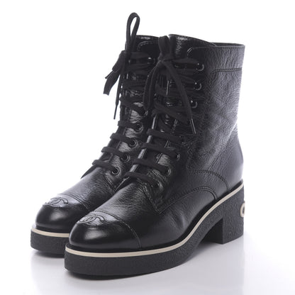 Chanel Shiny Crumpled Lambskin Cap Toe CC Lace Up Logo Boots 37 Black 3 of 8