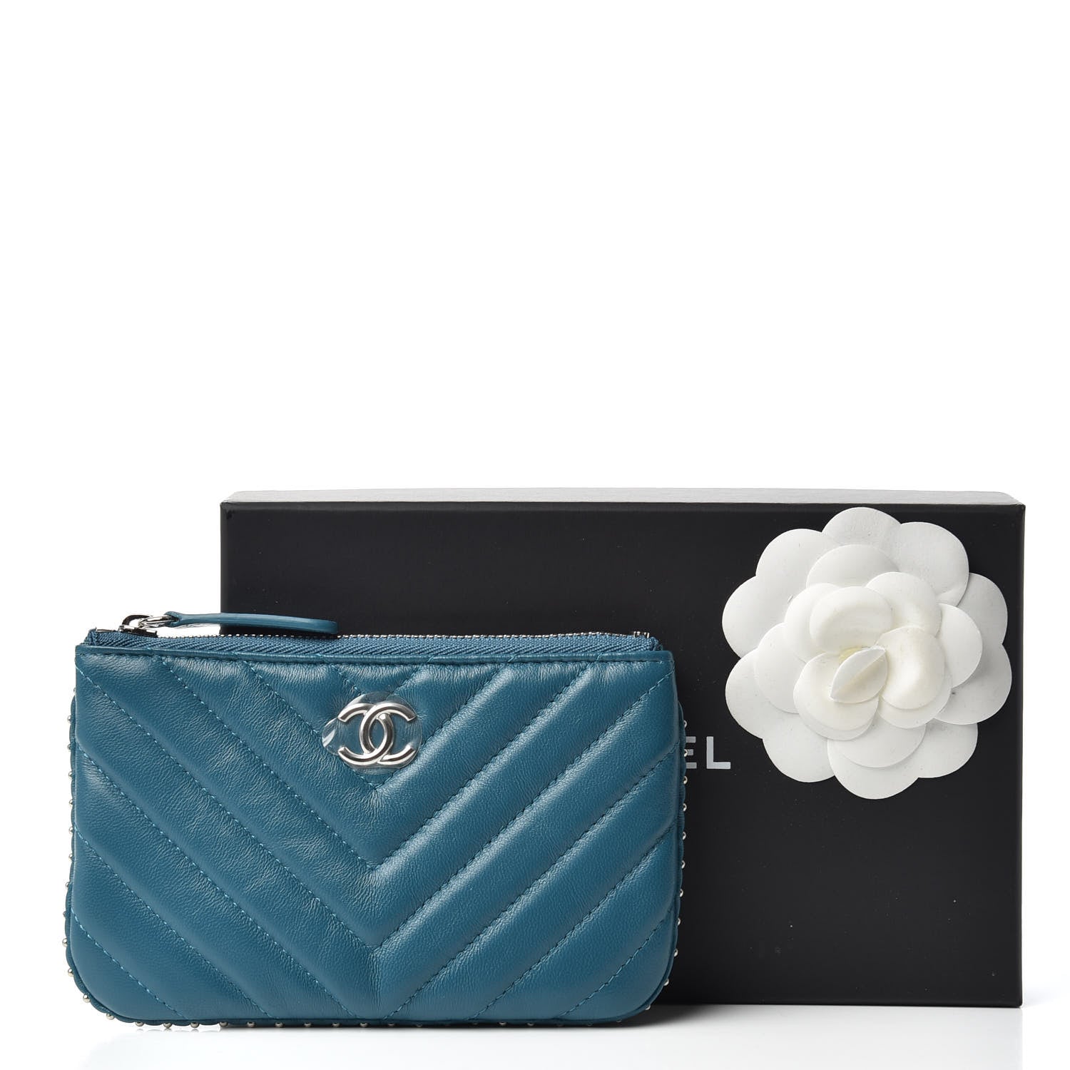 Chanel Lambskin Chevron Quilted Studded Small Cosmetic Case Blue 8 of 8