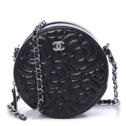 Chanel Caviar Camellia Embossed Round Clutch With Chain Black 1 of 11