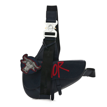 Christian Dior X SHAWN STUSSY Grained Calfskin Ox Head Saddle Bag Navy Blue 1 of 8