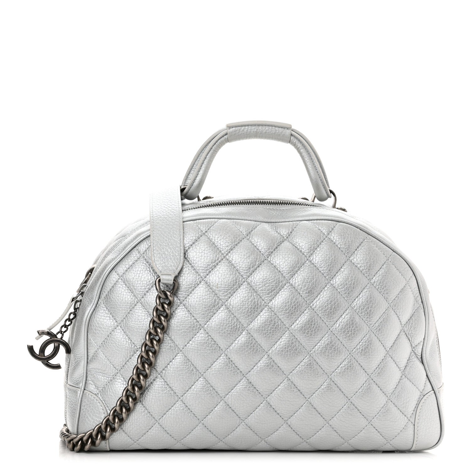 Chanel Metallic Calfskin Quilted Medium Airlines Round Trip Bowling Bag Silver 1 of 10