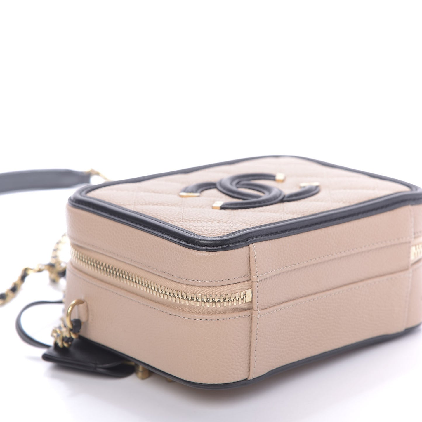 Caviar Quilted Small CC Filigree Vanity Case Beige Black