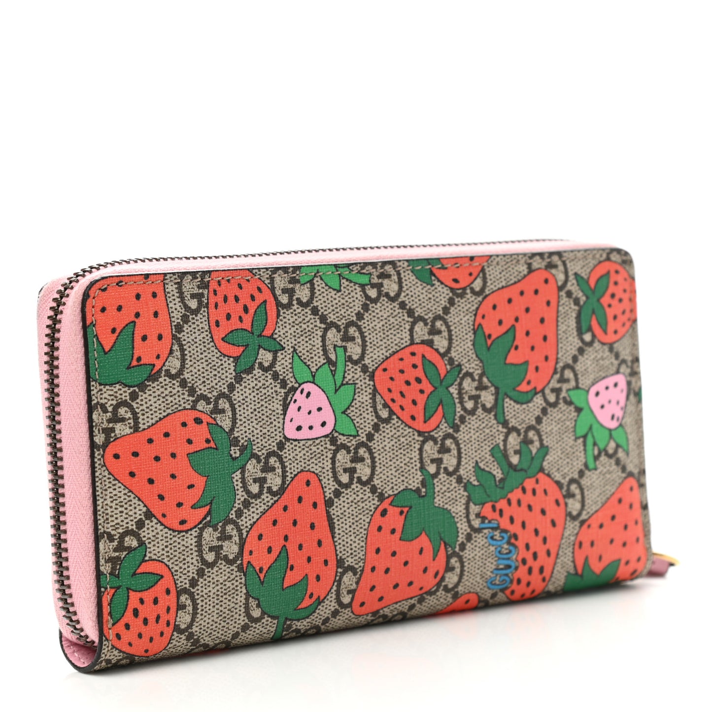 GG Supreme Monogram Strawberry Zip Around Wallet Light Pink