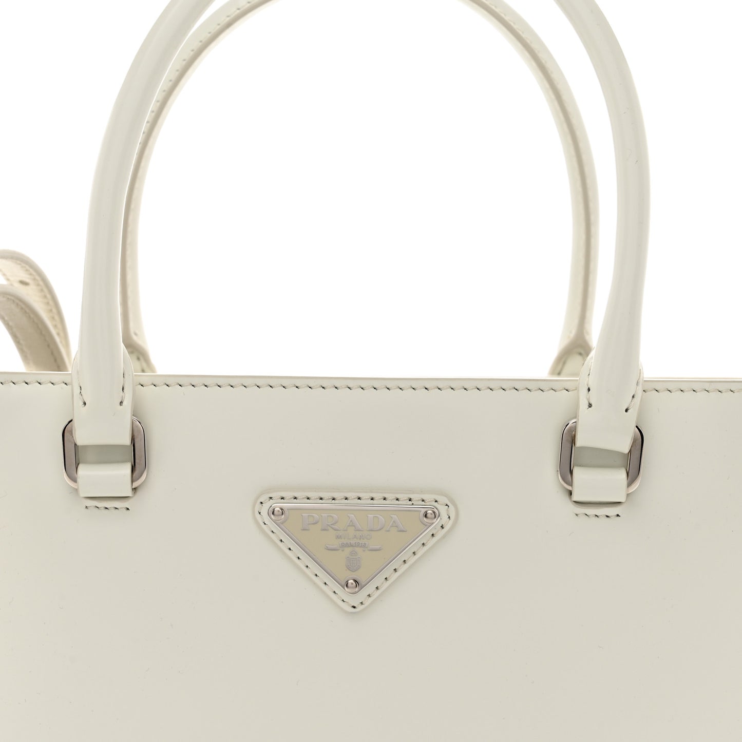 Spazzolato Metal Triangle Logo Double Handle Crossbody Tote White