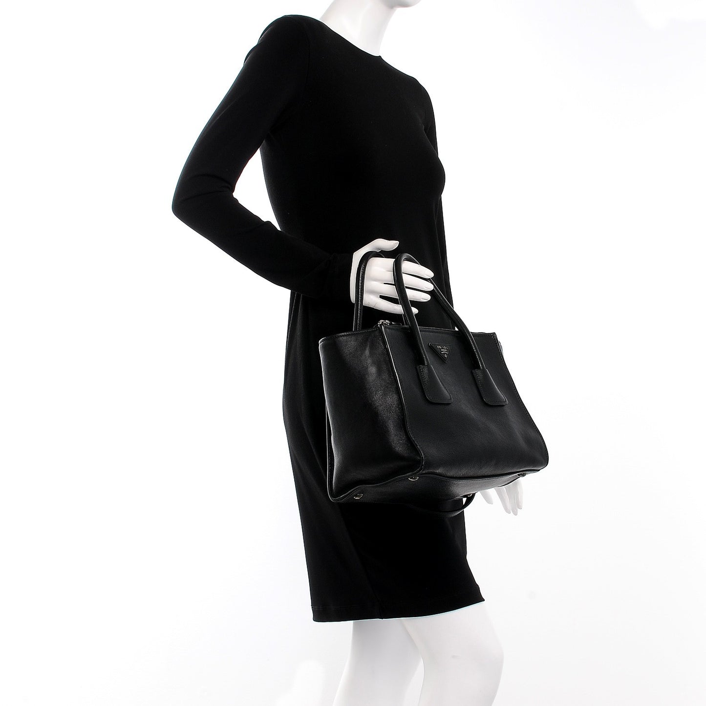 Glace Calf Small Twin Pocket Tote Nero Black