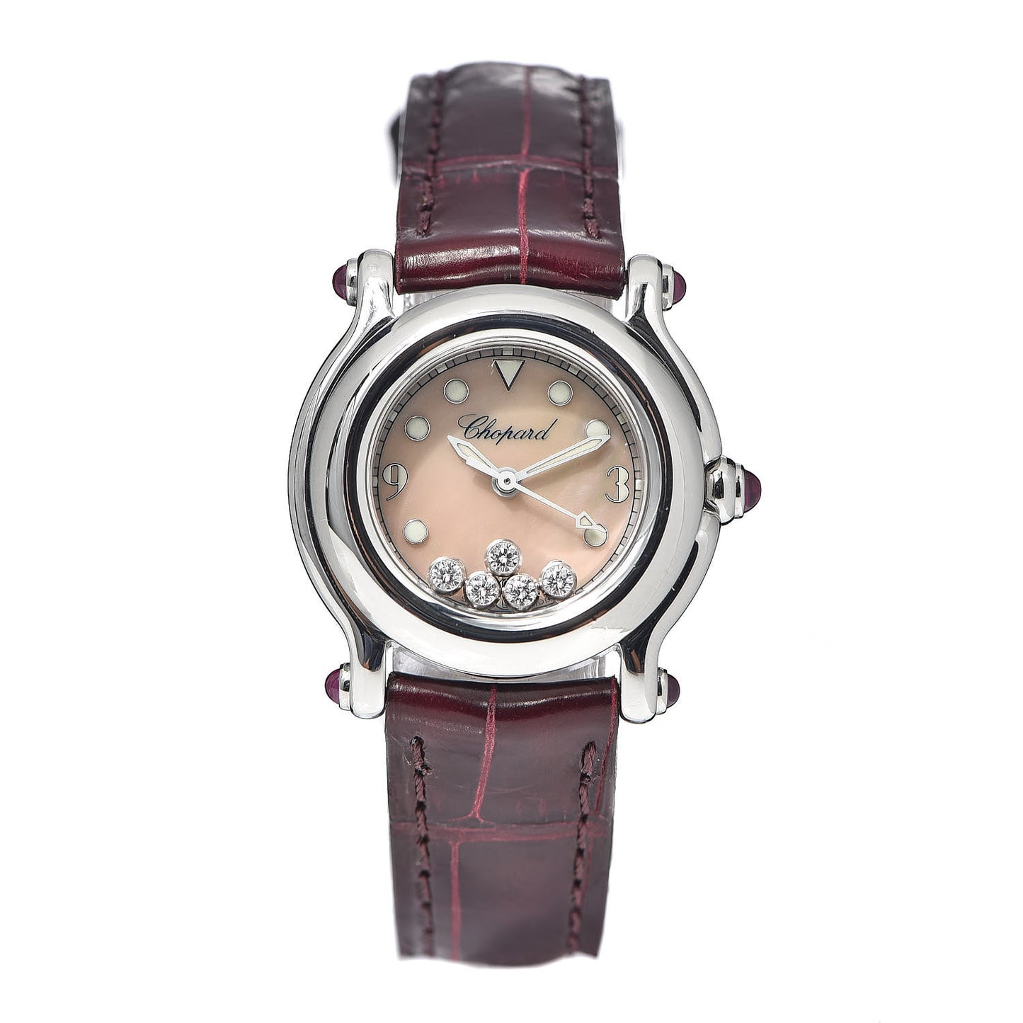 Stainless Steel Alligator 5 Diamond Pink Mother of Pearl 26mm Happy Sport Quartz Watch