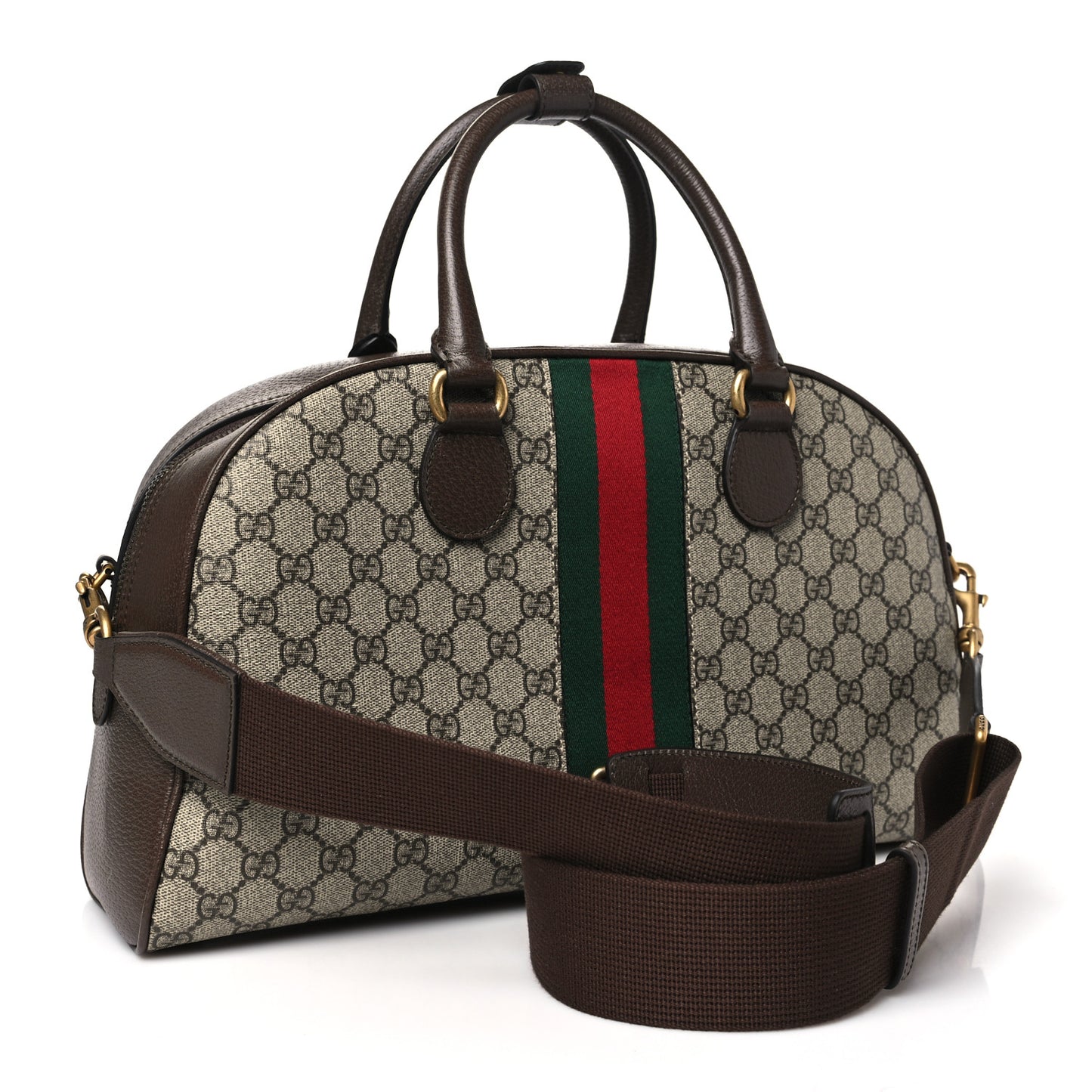GG Supreme Monogram Textured Dollar Calfskin Web Medium Savoy Bowling Bag Beige Ebony New Acero