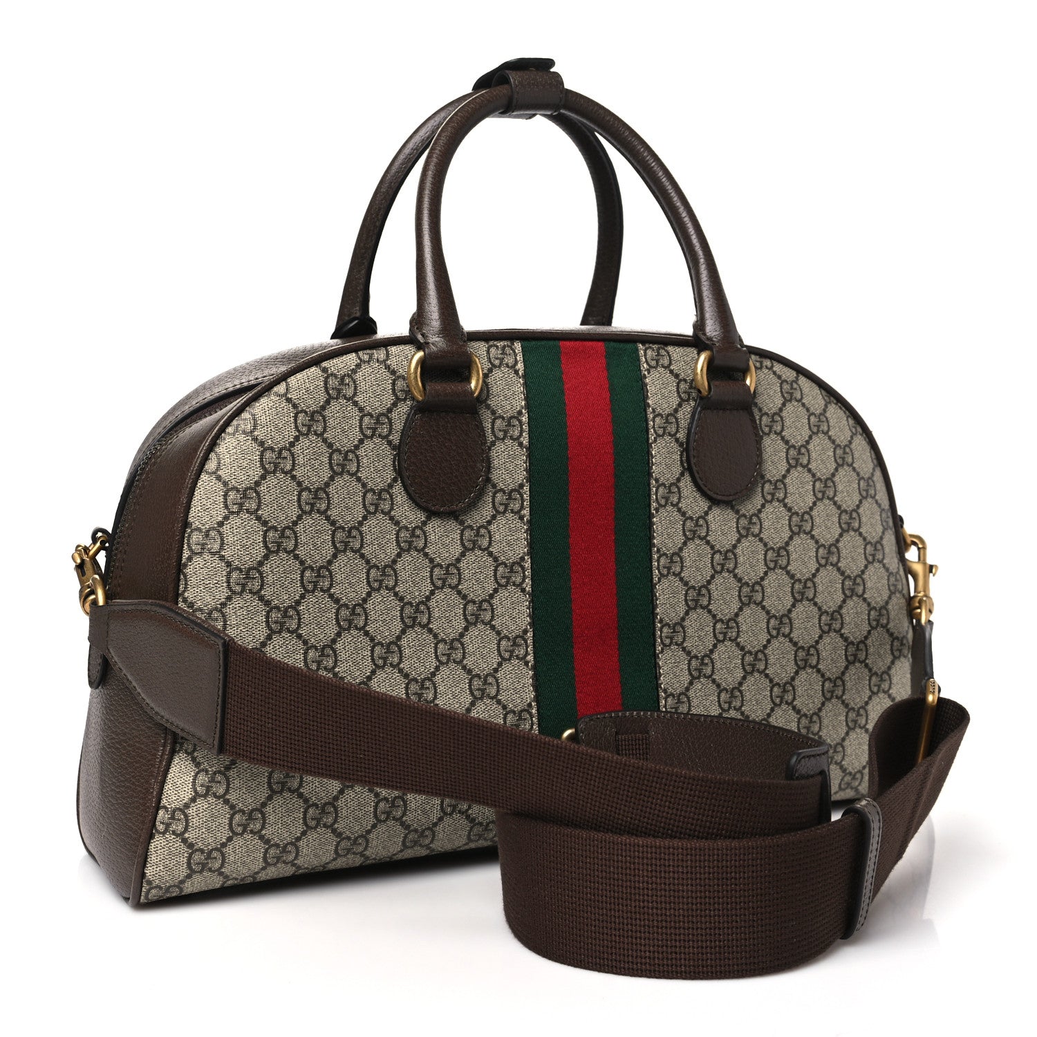 Gucci GG Supreme Monogram Textured Dollar Calfskin Web Medium Savoy Bowling Bag Beige Ebony New Acero 3 of 10