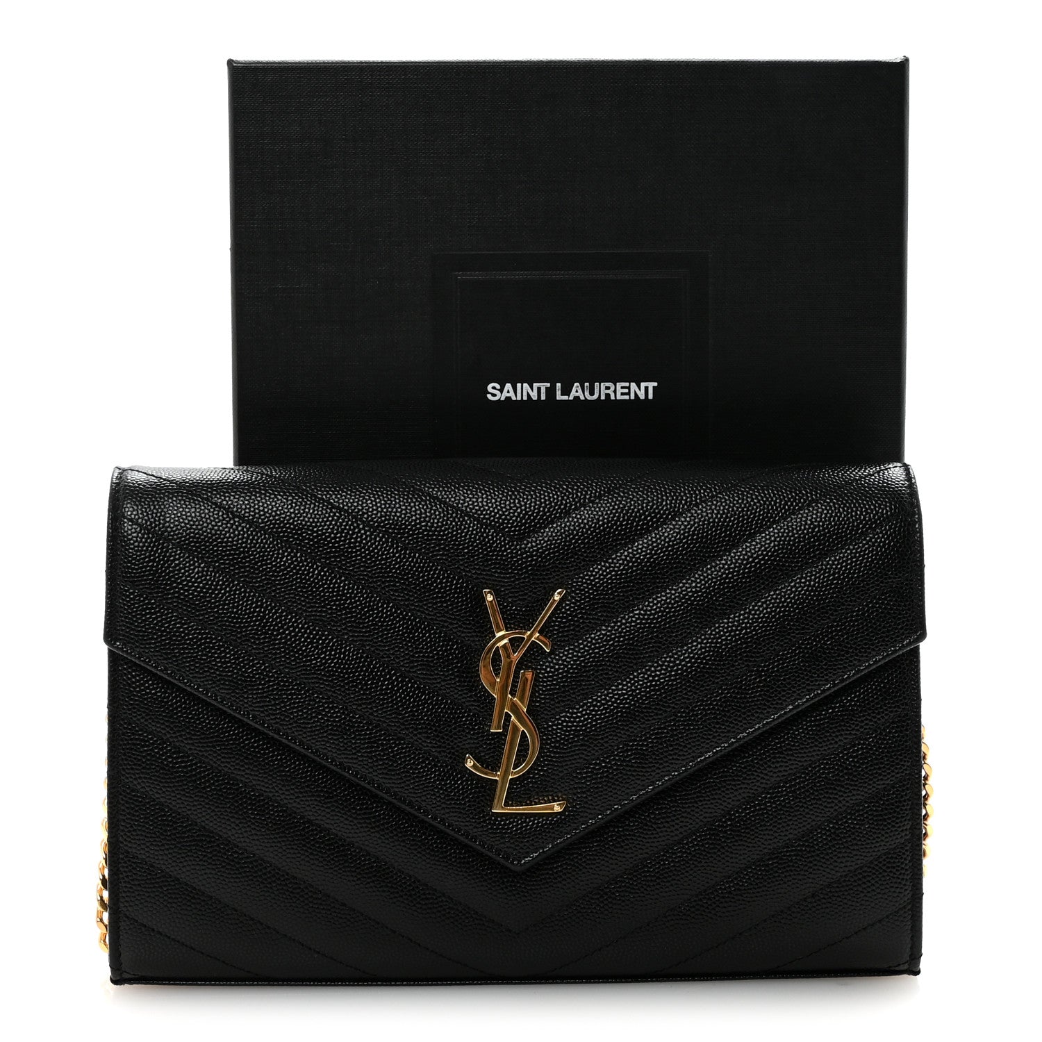 Saint Laurent Grain De Poudre Matelasse Chevron Monogram Chain Wallet Black 10 of 10