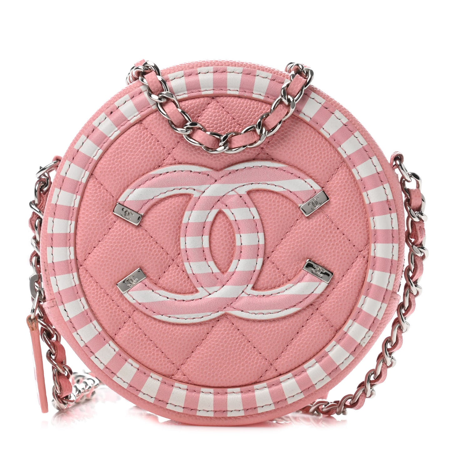 Caviar Quilted Filigree Round Clutch With Chain Pink White
