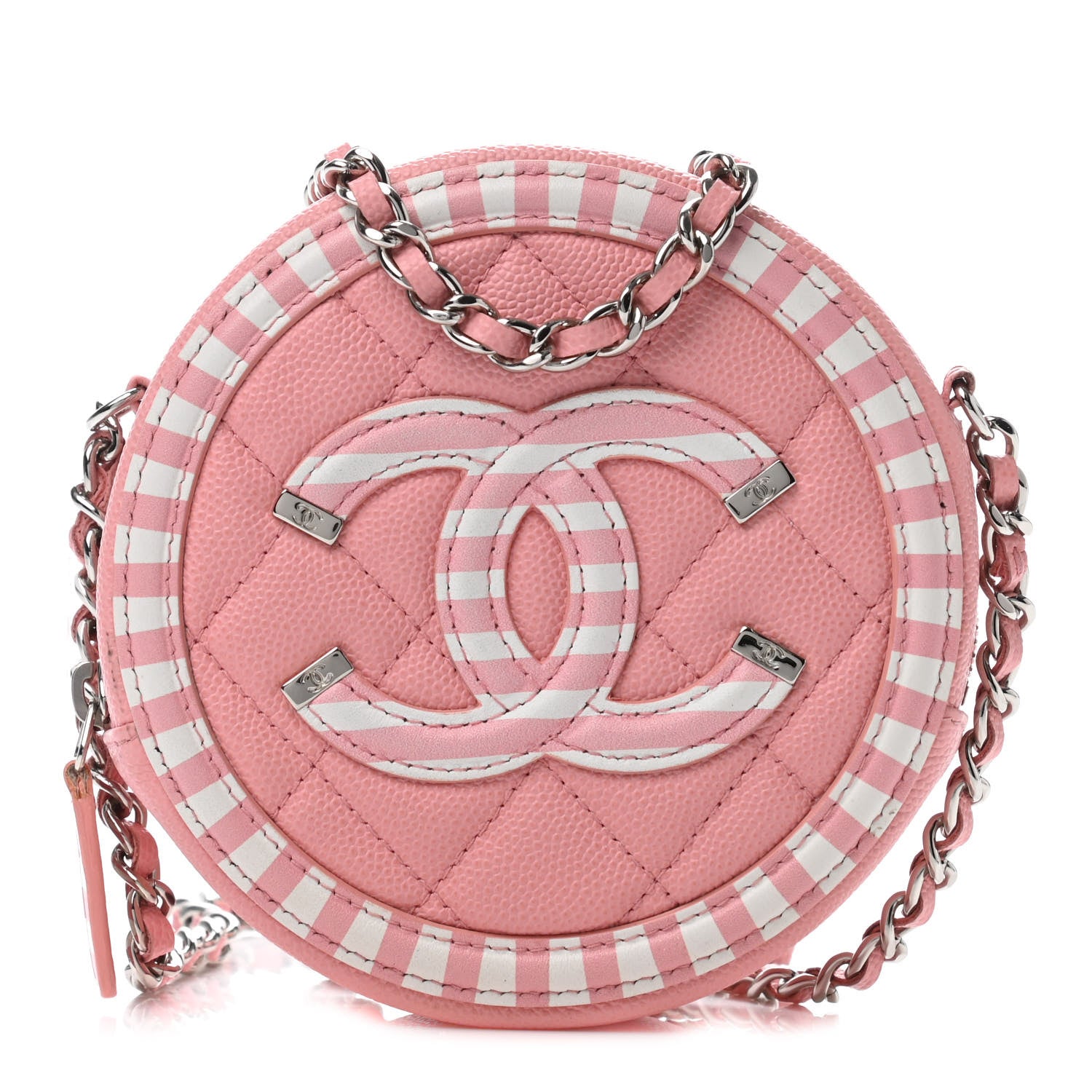 Chanel Caviar Quilted Filigree Round Clutch With Chain Pink White 1 of 4