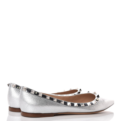 Valentino Garavani Metallic Pebbled Calfskin Rockstud Ballerina Flats 38 Silver 4 of 8