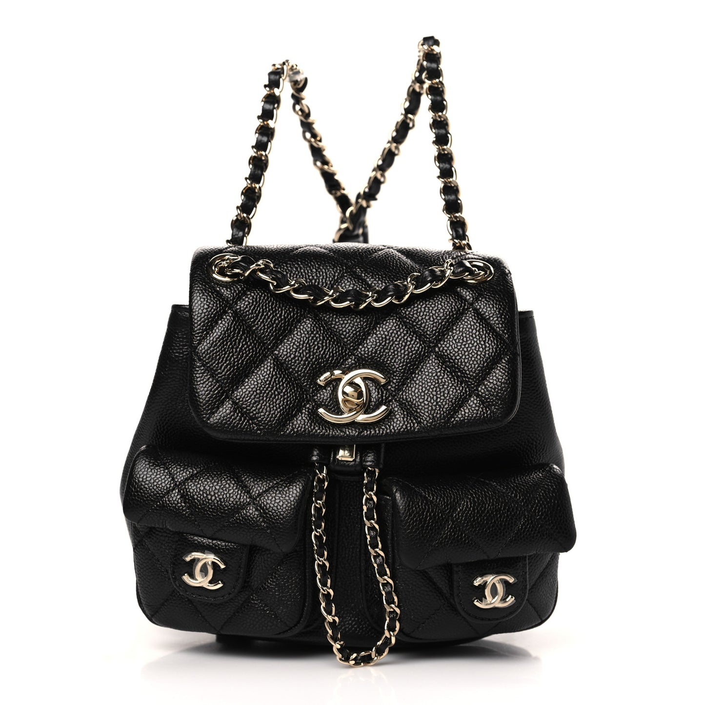 Shiny Caviar Quilted Small Duma Pockets Drawstring Backpack Black