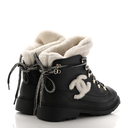 Chanel Calfskin Shearling CC Lace Up Boots 37 Black White 4 of 7