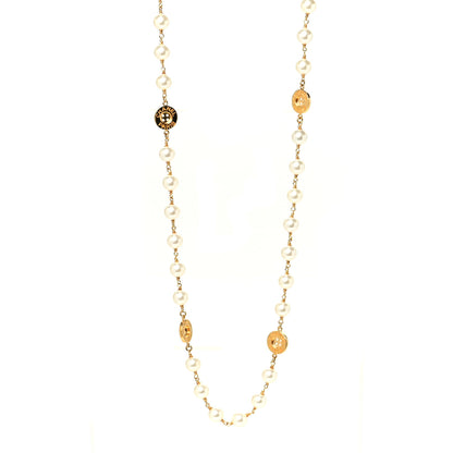Chanel Metal Pearl Paris Button Necklace Gold 1 of 5