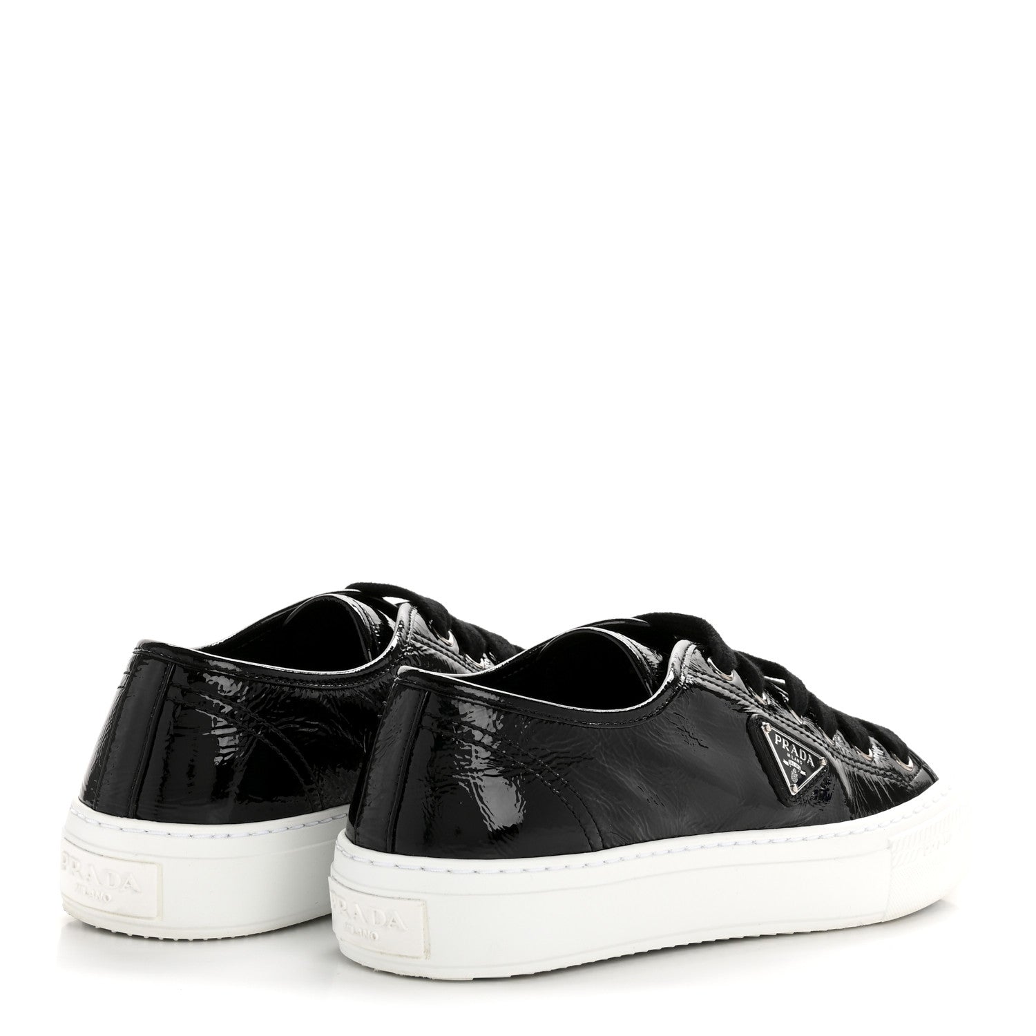 Prada Patent Naplak Triangle Logo Womens Low Top Sneakers 38 Black White 5 of 9