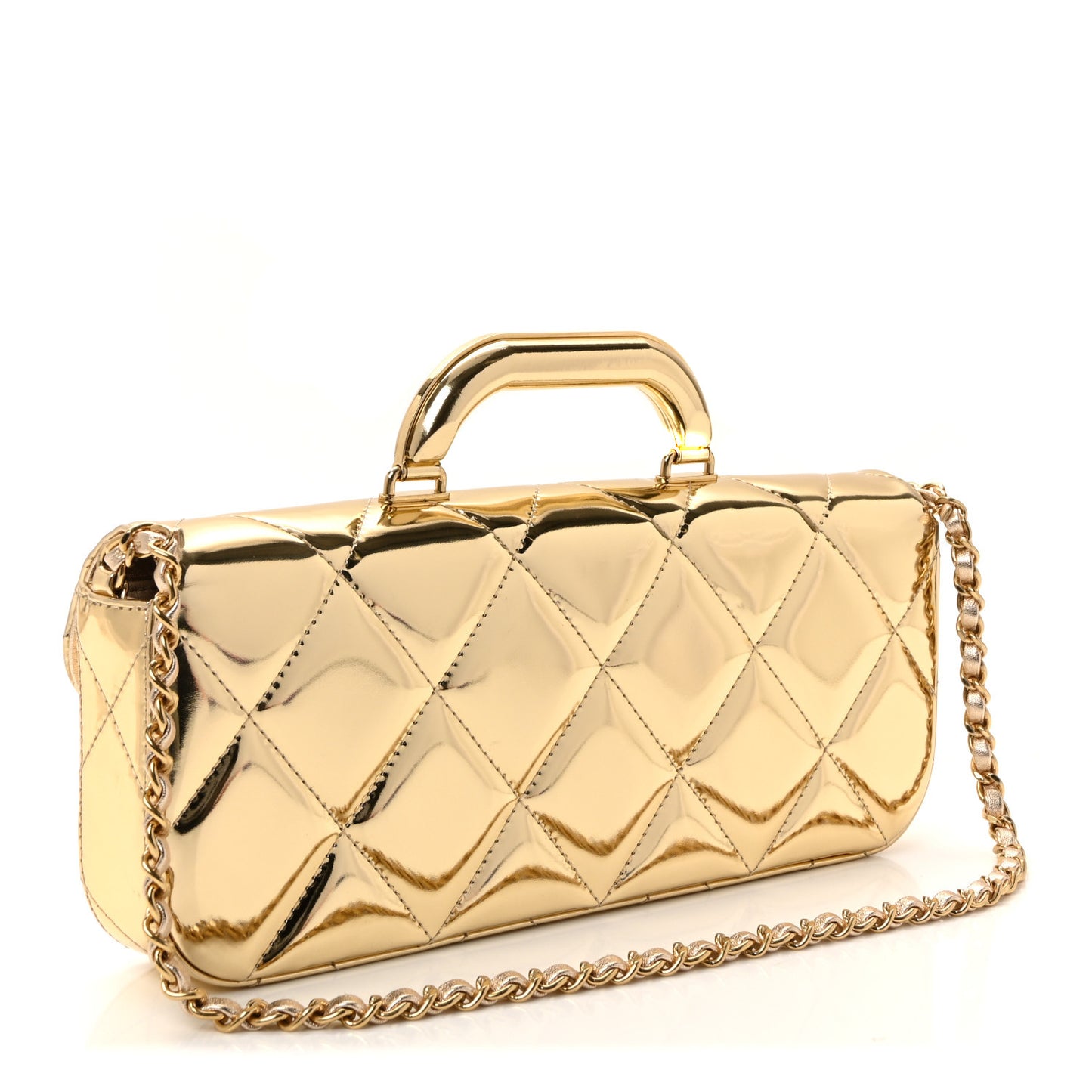 Metallic Mirror Calfskin Large Top Handle Clutch With Chain Gold