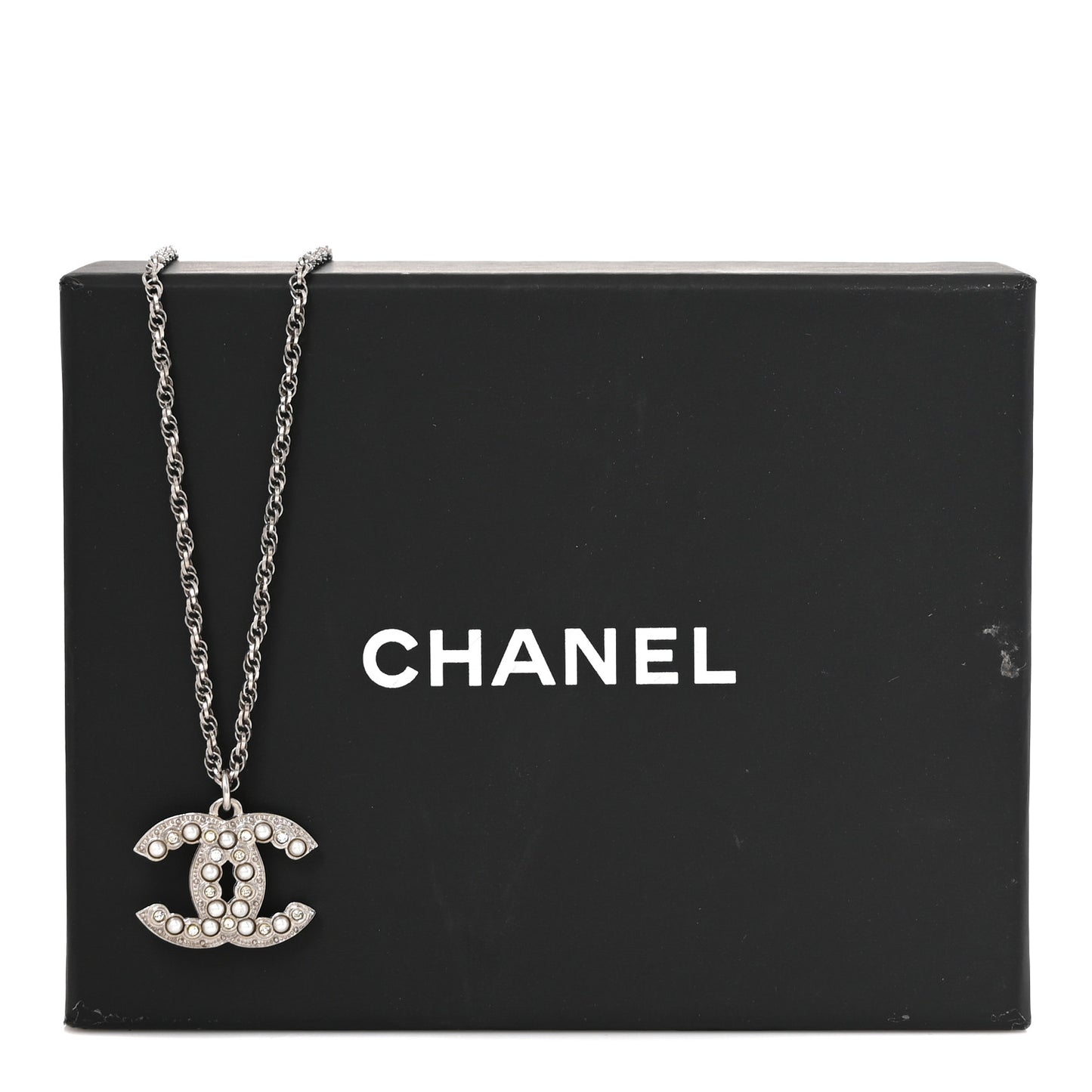 Crystal Pearl CC Necklace Silver