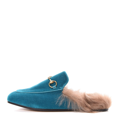 Gucci Velvet Fur Womens Princetown Slippers 35.5 Cyan 1 of 7