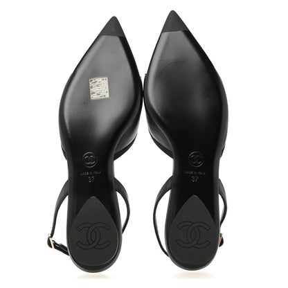 Chanel Iridescent Lambskin Cap Toe CC Slingback Flats 37 Black White 6 of 10