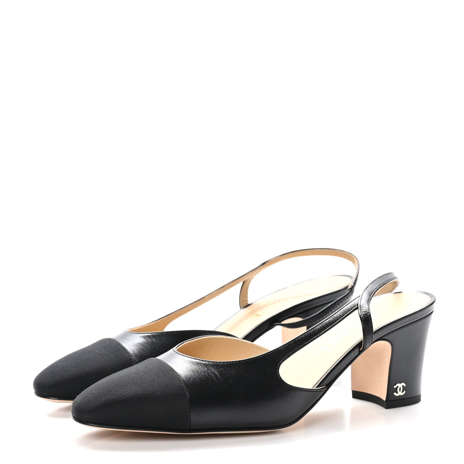 Chanel Goatskin Grosgrain Cap Toe CC Slingback Sandals 39.5 Black 3 of 9