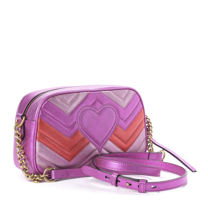 Gucci Laminated Nappa Matelasse Small GG Marmont Chain Shoulder Bag Fuxia Rosso Rosa 3 of 10