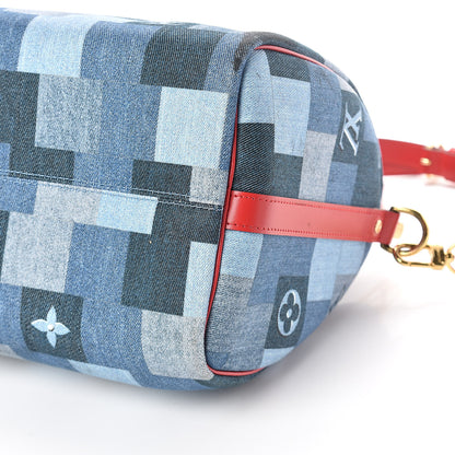 Louis Vuitton Denim Damier Monogram Patchwork Speedy Bandouliere 30 Blue Rouge 11 of 11