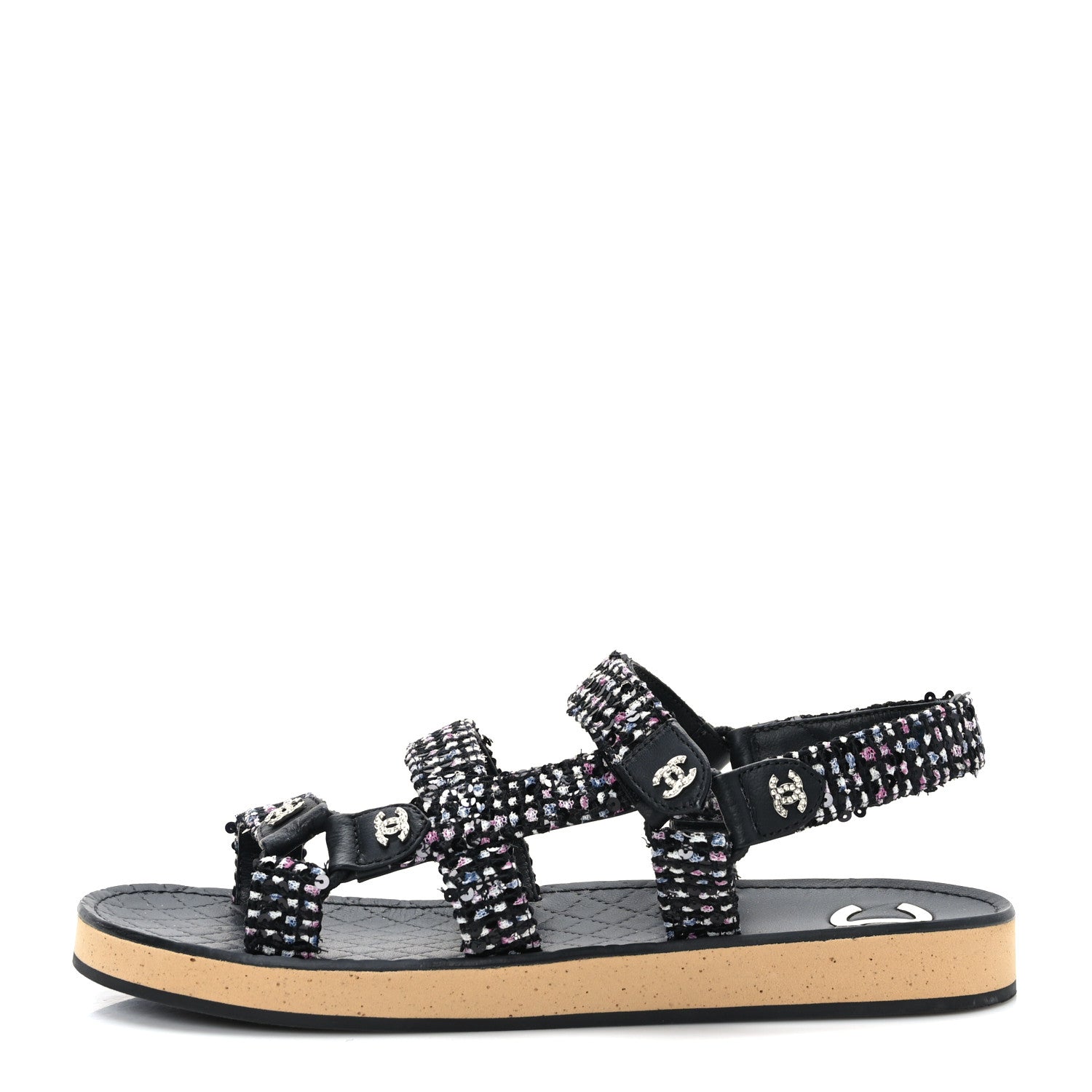 Chanel Tweed Lambskin Crystal CC Sandals 40 Black Multicolor 1 of 7