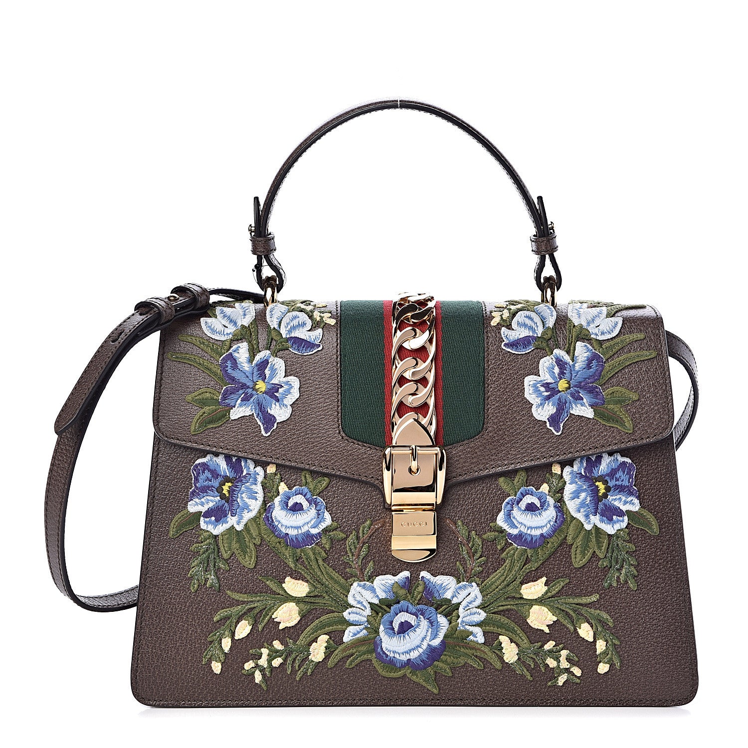 Gucci Calfskin Embroidered Medium Sylvie Top Handle Bag New Acero Multicolor 1 of 10