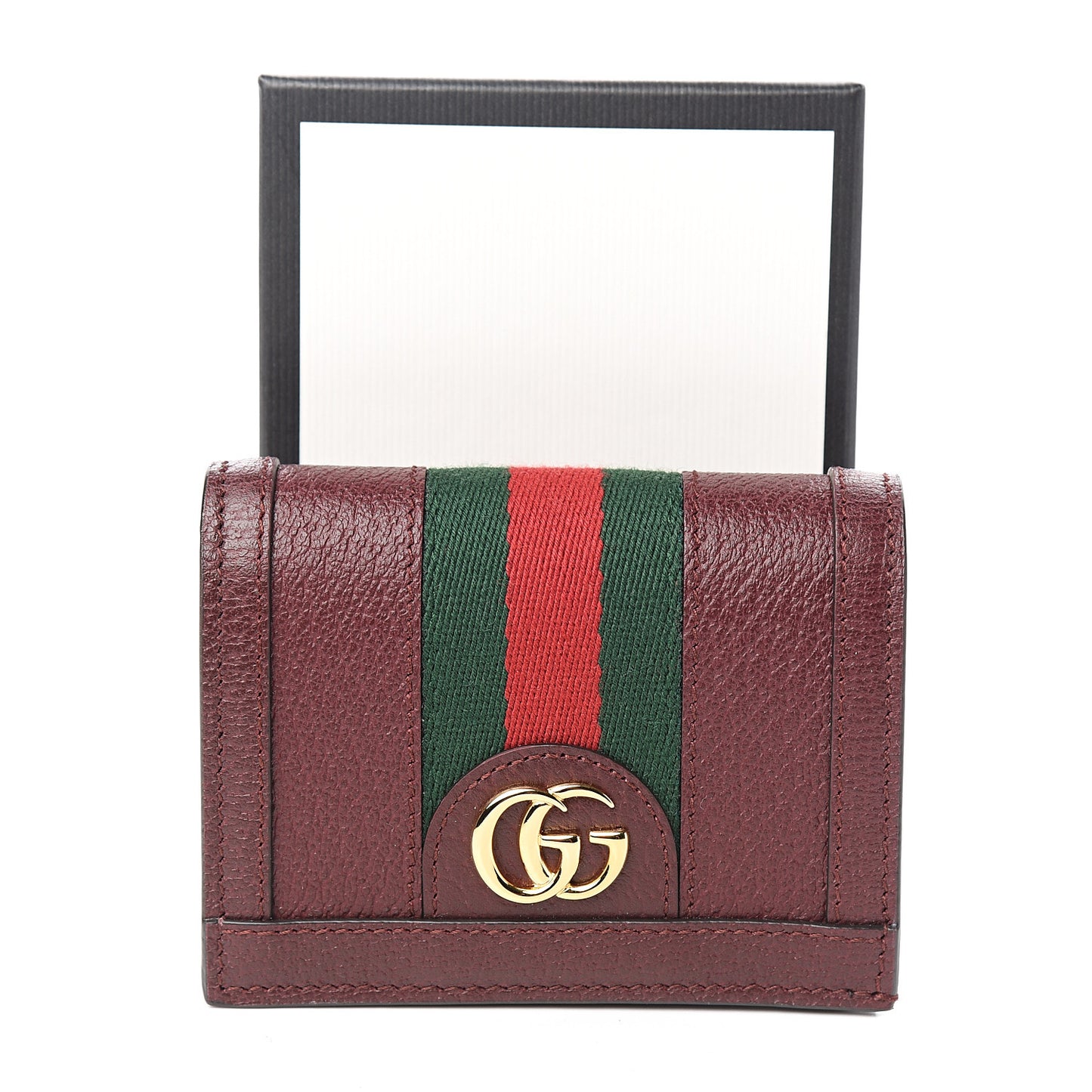 Textured Calfskin Web Ophidia Card Case Vintage Bordeaux