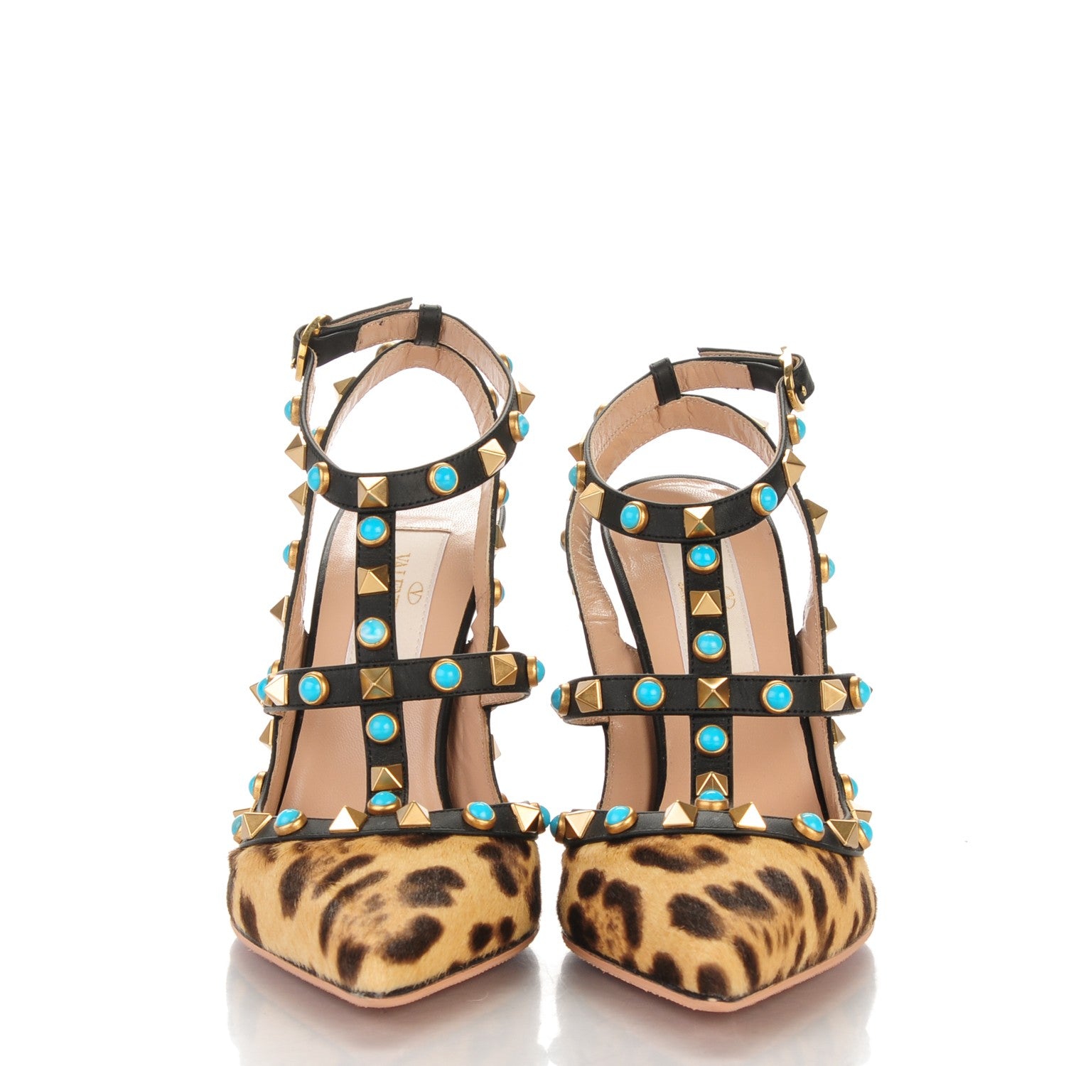 Valentino Garavani Calf Hair Leopard Print Rockstud Rolling Ankle Strap Pumps 35 Champagne Testa di Moro 2 of 7