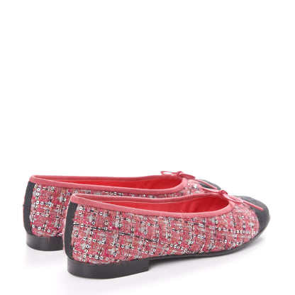 Chanel Tweed Grosgrain Sequin Cap Toe Ballerina Flats 37.5 Pink Black 4 of 11