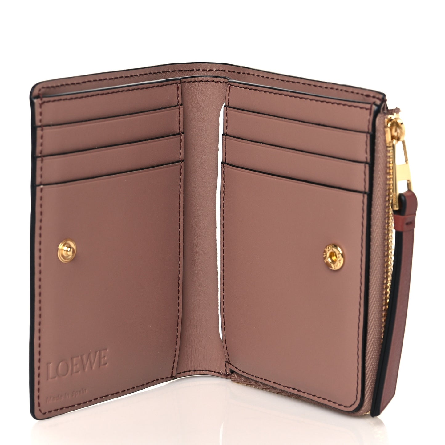 Calfskin Puzzle Zip Bi-Fold Wallet Dark Blush Dark Rust
