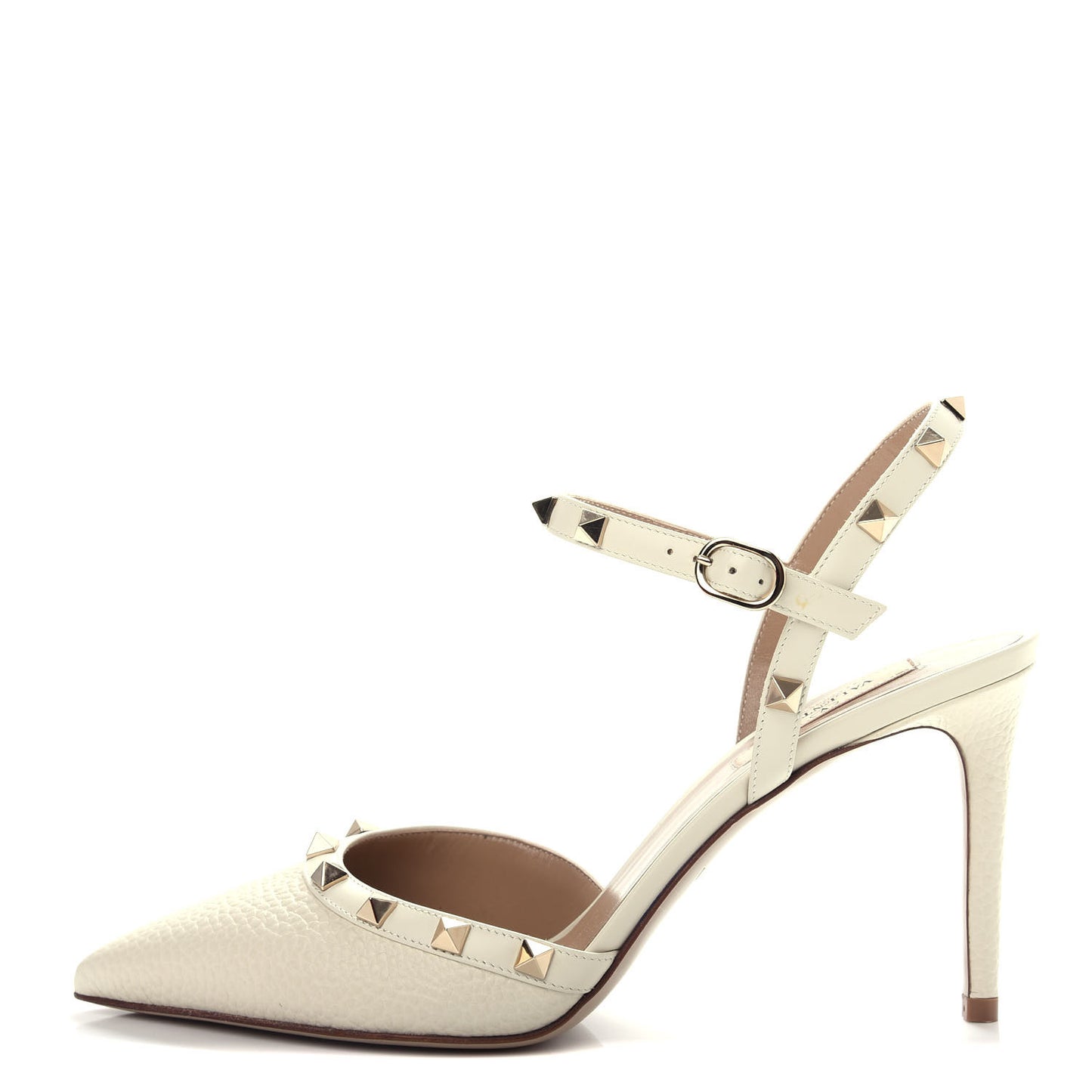 Pebbled Calfskin Rockstud Ankle Strap Pumps 39.5 Ivory