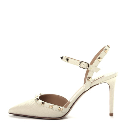 Valentino Garavani Pebbled Calfskin Rockstud Ankle Strap Pumps 39.5 Ivory 1 of 11