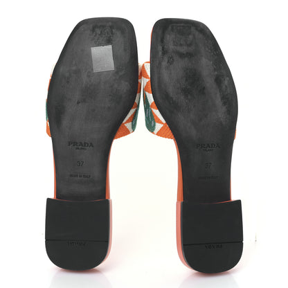 Prada Jacquard Trianglolo Symbole Ibiscus Metal Triangle Logo Embroidered 10mm Slide Sandals 37 Arancio White 5 of 7