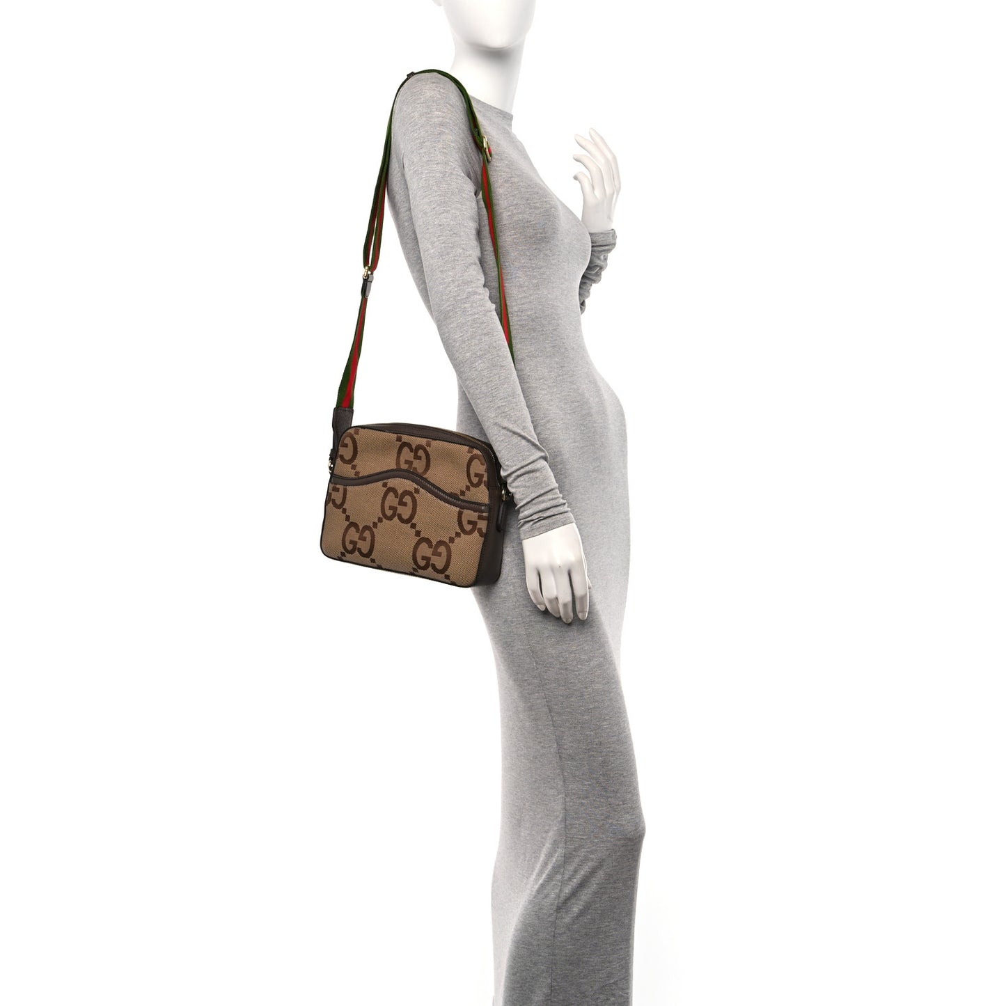 Monogram Jumbo GG Textured Dollar Calfskin Web Messenger Shoulder Bag Camel Ebony New Acero