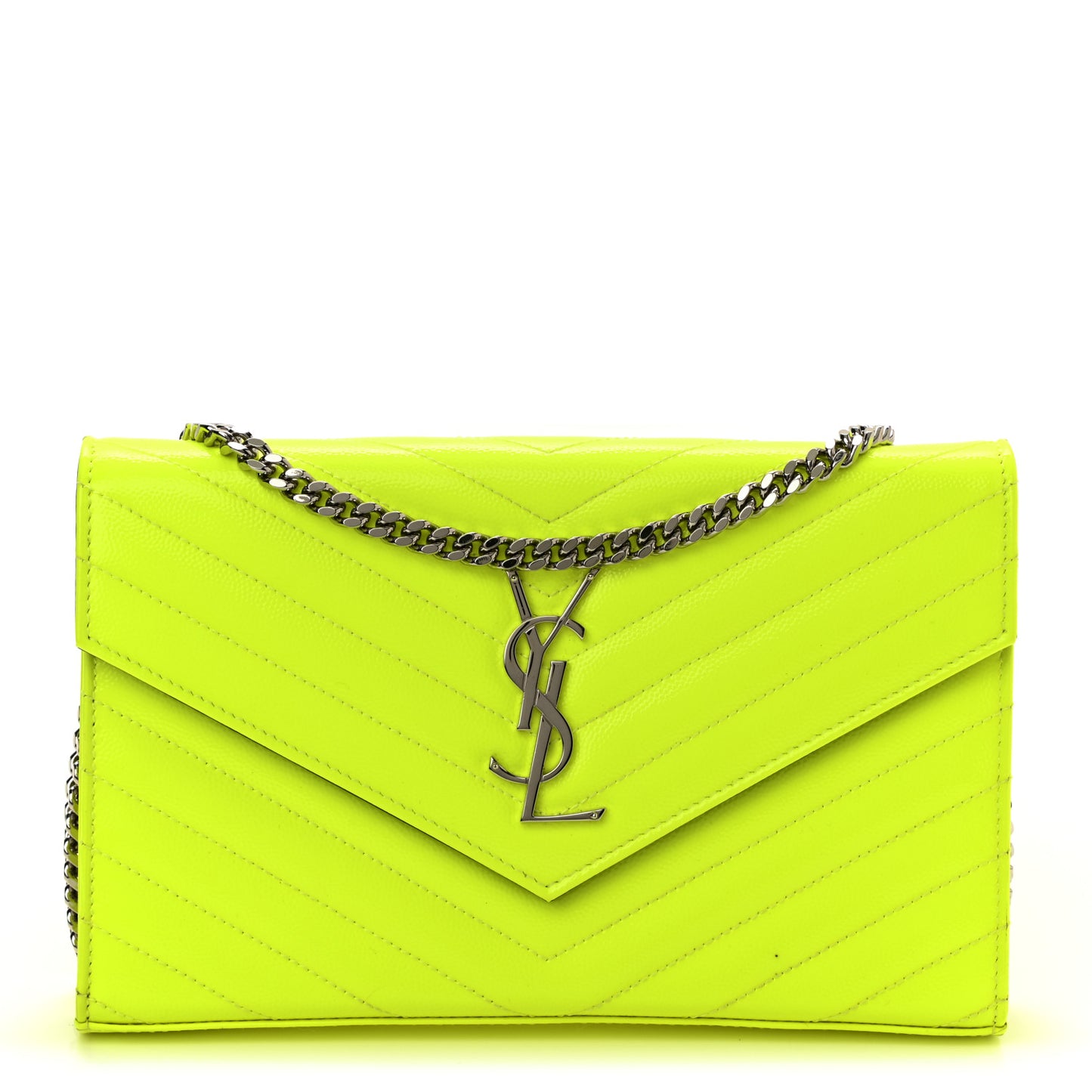 Patent Grain De Poudre Matelasse Chevron Monogram Chain Wallet Neon Yellow