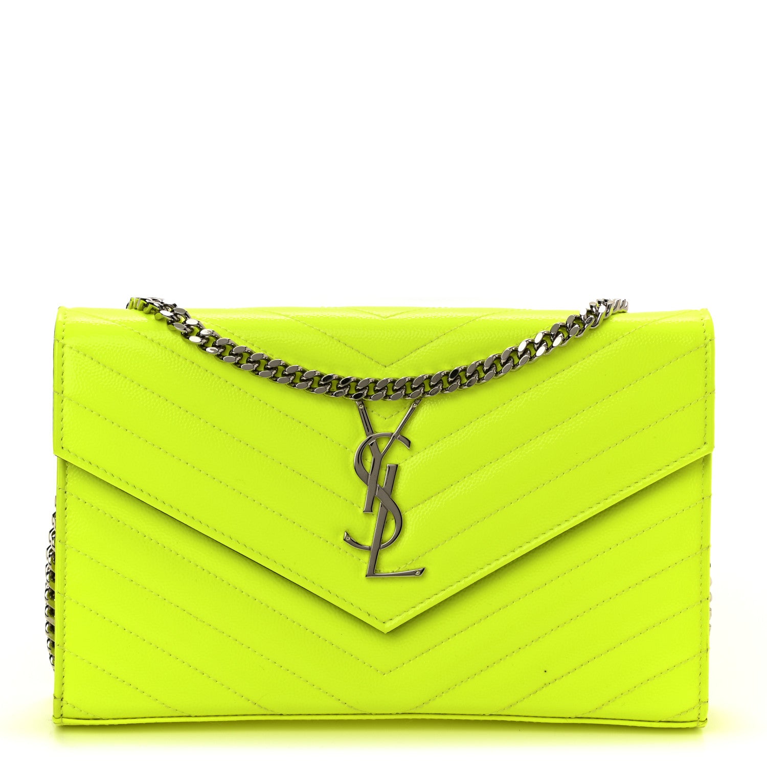 Saint Laurent Patent Grain De Poudre Matelasse Chevron Monogram Chain Wallet Neon Yellow 1 of 11