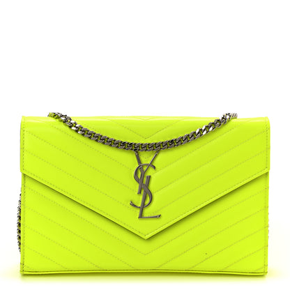 Saint Laurent Patent Grain De Poudre Matelasse Chevron Monogram Chain Wallet Neon Yellow 1 of 11