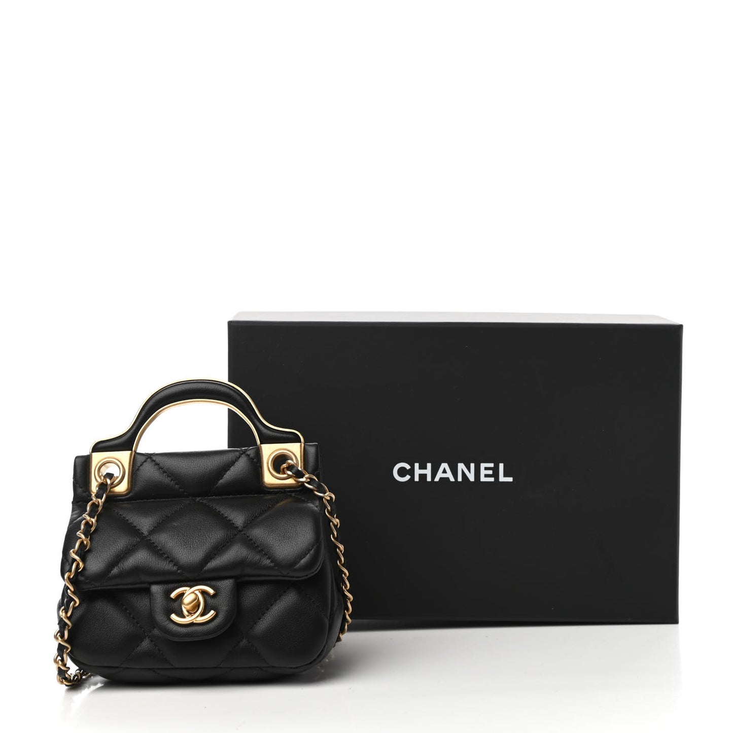 Calfskin Quilted Lady Handle Clutch With Chain Black