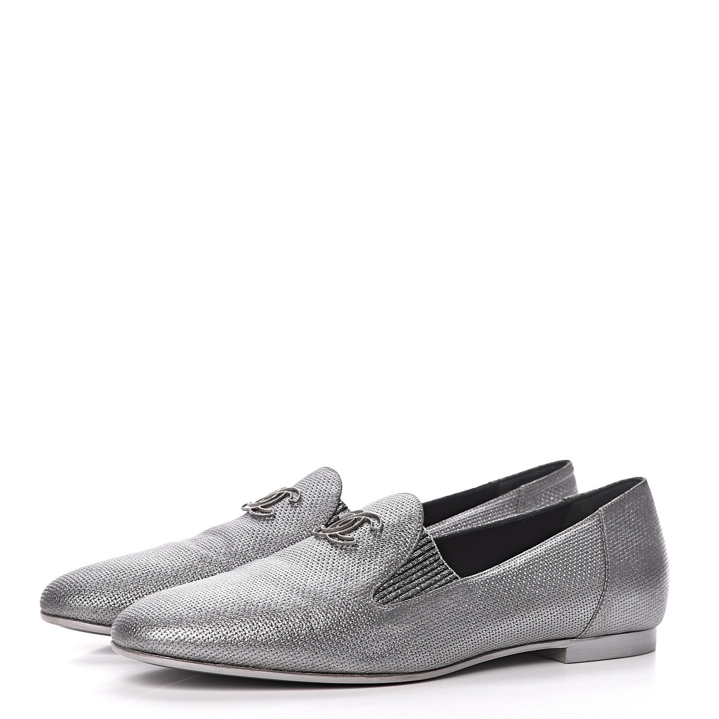 Metallic Calfskin Grosgrain CC Mocassin Loafers 41 Argent Fonce