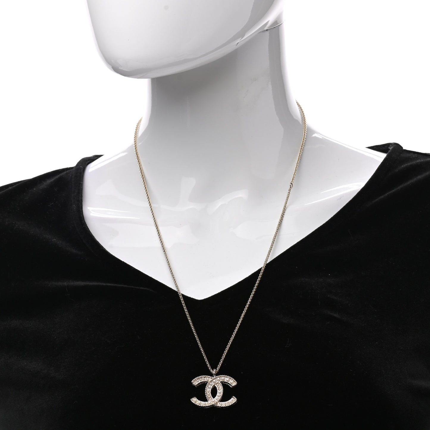Crystal Pearl CC Pendant Necklace Gold