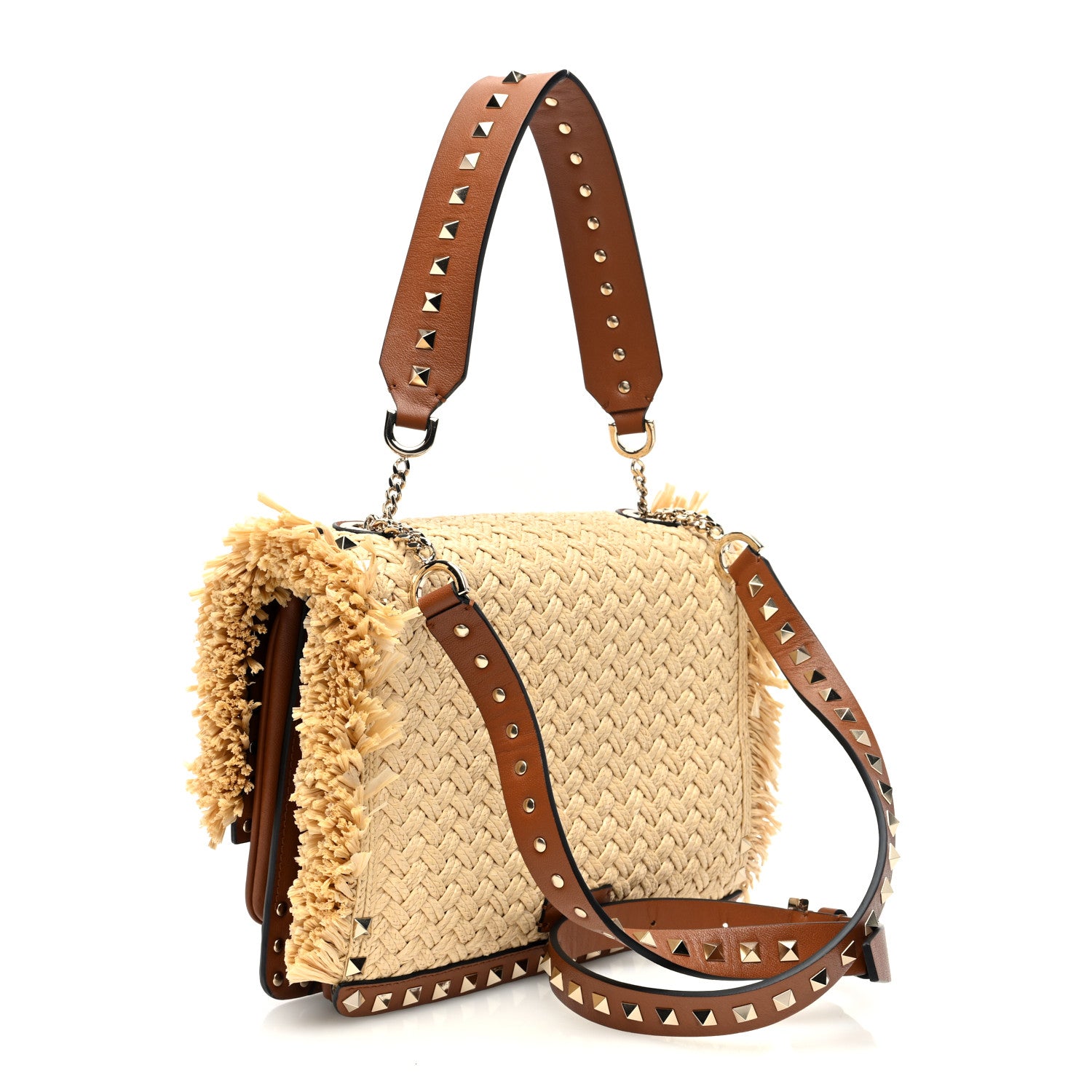 Valentino Garavani Raffia Woven Calfskin Rockstud Bag Natural Saddle Brown 3 of 9