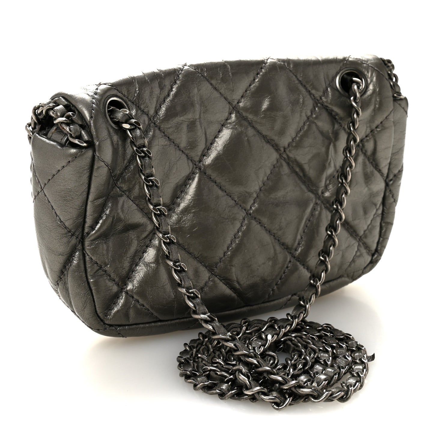 Metallic Aged Calfskin Mini Chain Me Flap Pewter
