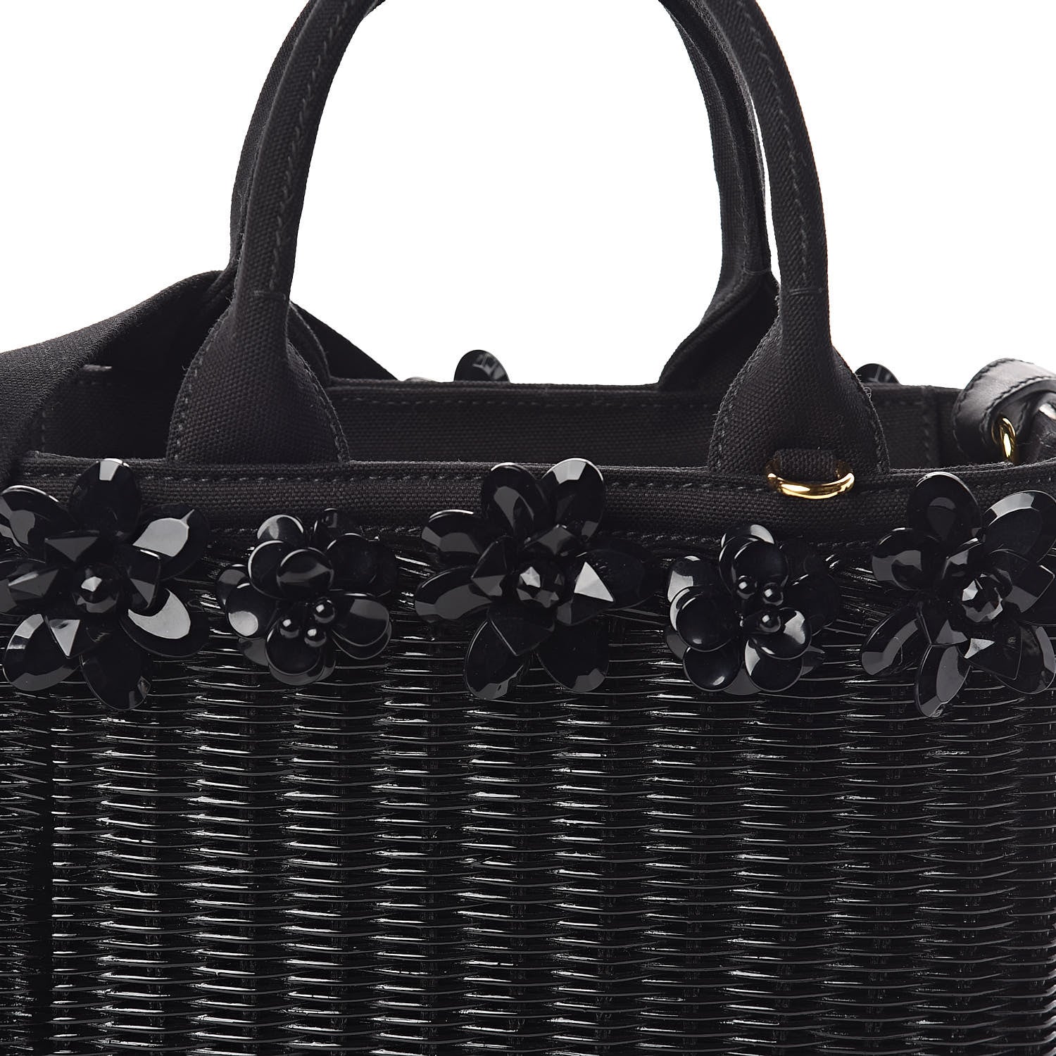 Prada Wicker Canvas Floral Embellished Shoulder Bag Black 7 of 9